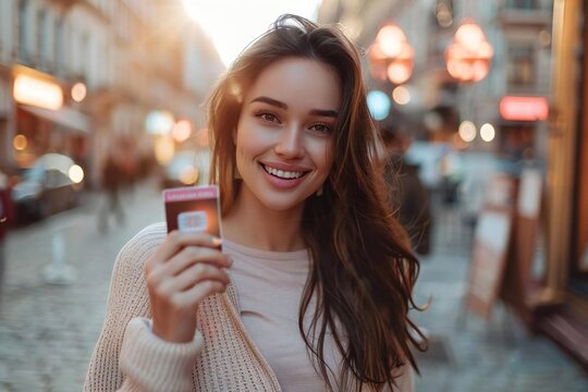 Beautiful woman holding a holographic Loyalty Reward Points Program card in hand.
