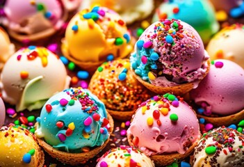 Obraz premium melting ice cream scoops sprinkles top, creamy, frozen, vanilla, chocolate, strawberry, indulgent, refreshing, summer, dairy, soft, flavorful, gourmet