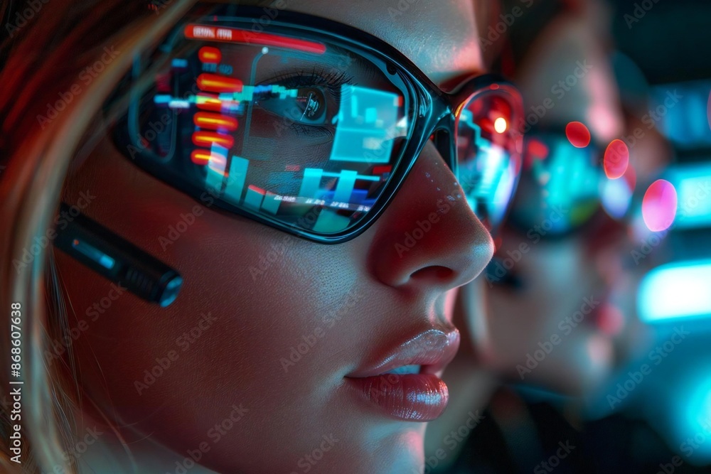 Poster team of beautiful analysts wearing eyeglasses and using holographic screens to access their futurist