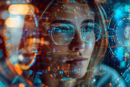 Beautiful woman with eyeglasses and well groomed beard man working as futuristic Business Service Agents using holographic screens and AI to assist customers in a high-tech call center.