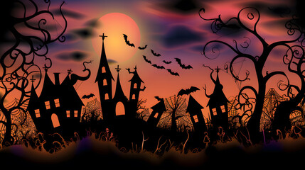 Halloween Spooky night homes lineup and moonlight.