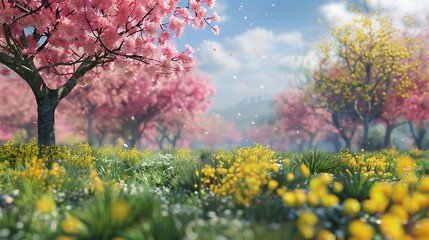 A beautiful day with a meadow full of pink and yellow spring blooms very detailed and realistic shape
