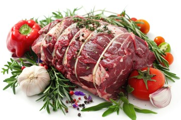 Fototapeta premium Grass Fed Meat. Raw Prime Rib with Herbs, Vegetables and Spice Rub for Red Meat Lovers