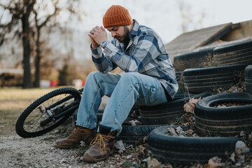 Obraz premium A young man in casual wear sits serenely in a park, taking a break next to his bicycle, enjoying nature.