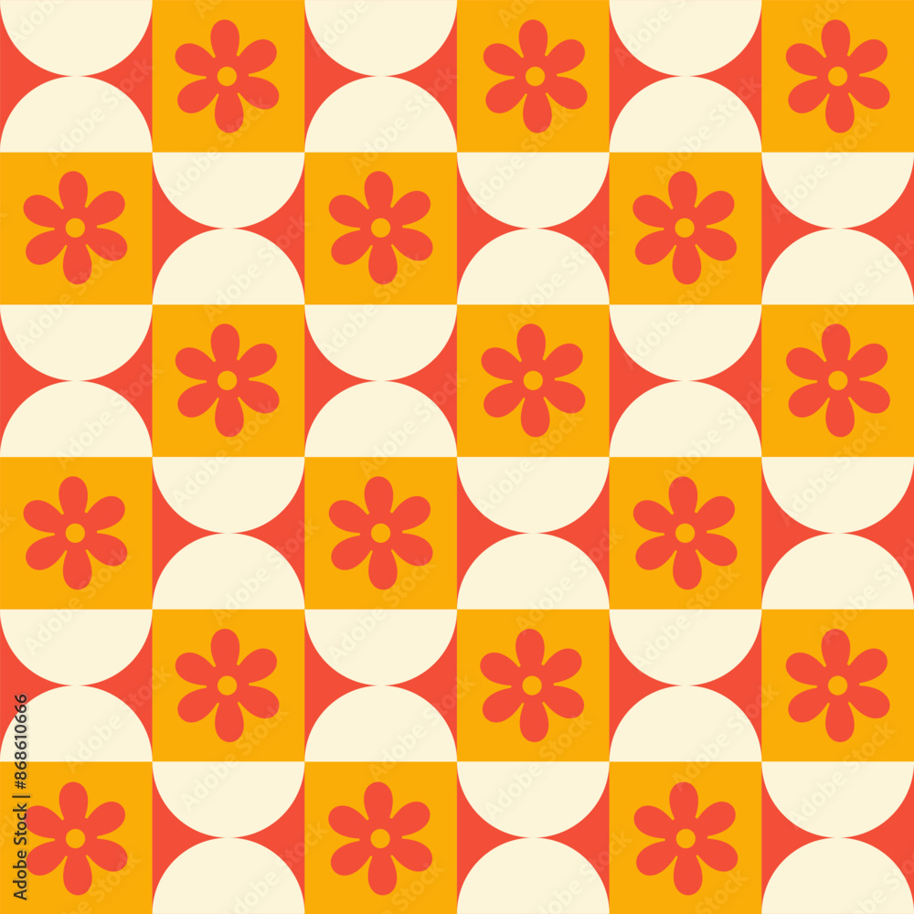 Aufkleber trendy retro geometric seamless pattern with colorful semicircles and flowers on a checkered backgro