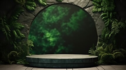 Dark green background with a stone pedestal