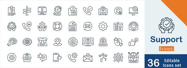 Support flat vector outline icons set. Support, help, response, assist, Customer service , Assistance, communication and information. Vector illustration