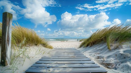 Pathway Beach: Wooden Walkway Along the Sandy Coast of the North Sea in Summer