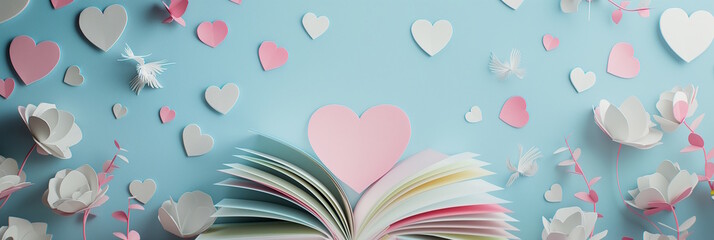 Open book with heart-shaped cutouts on a pastel background, concept of love and creativity, Valentine's Day
