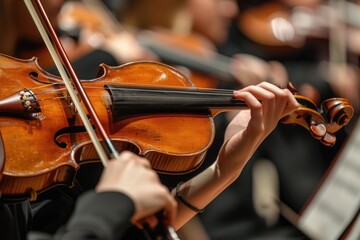 Symphony Instrument. Violin Performance in Orchestra Symphony Concert