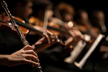 Symphony Instruments. Flute Performance in Indoor Concert by Orchestra