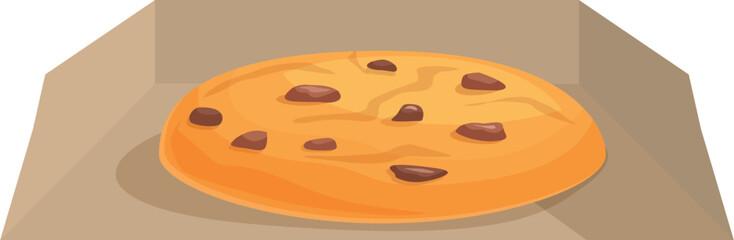 Single chocolate chip cookie is lying in a cardboard box, making a tasty treat