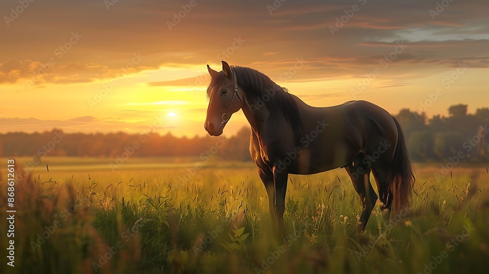 Wall mural A brown horse standing in green field under sunset very detailed and realistic shape