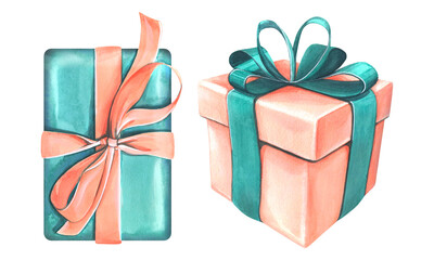 Gift boxes with a bows blue and pink colors. Watercolor illustration hand-drawn. Set of isolated elements. For decoration, design of souvenirs, paper, stickers, postcards, invitations, posters.