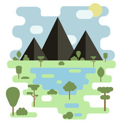 Nature, mountains, ecological landscape, design of a color flat vector illustration. A landscape of cloudy mountains with trees and water.