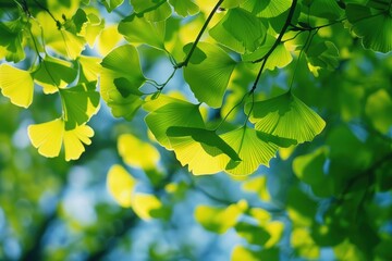 Obraz premium Gingko Leaf Close Up. Vibrant Green Foliage of Gingko Biloba Tree Branch in Nature