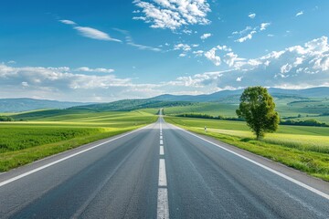 Fototapeta premium Highway Horizontal. Rural Country Road Landscape with Trees under Blue Sky