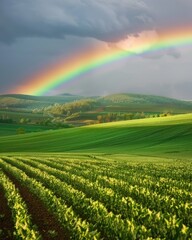 Obraz premium Storm Farm. Rainbow Over Crop Field in Spring Landscape