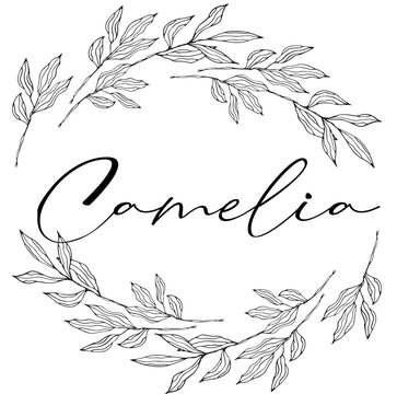 Camelia - colore nero - nome scritto racchiuso in un cerchio corona di foglie Alloro- grafica vettoriale - per siti web, auguri, banner, cartoline, stampe, cricut, silhouette, sublimazione, laurea