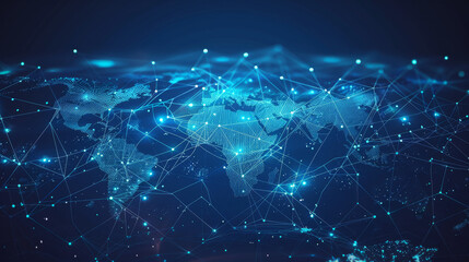 Digital map of the world with global network connections and data transfer, blue colors, dark background