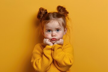 Kid Depression. Upset Little Girl Looking Sad and Thoughtful Against Yellow Wall Background