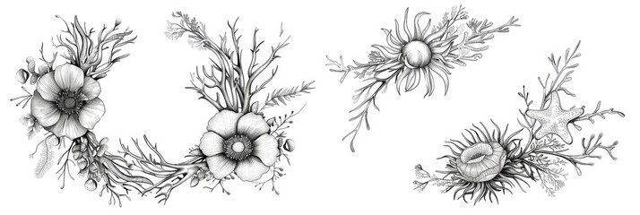 Line Art Wreath. Wedding Invitation Set with Sketched Sea Floral Designs
