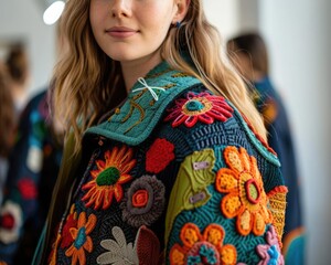 Young woman wearing a colorful, intricate crochet jacket with floral patterns at an indoor setting.