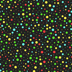 Multicoloured dots on black background. Abstract vector seamless patterns. Best for textile, wallpapers, wrapping paper, package and web design.