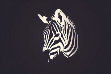 A realistic silhouette logo of a zebra's face in white, focusing on the stripe patterns and wild expression, against a dark charcoal backdrop