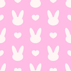 White bunnies heads silhouettes and hearts on pink background. Vector seamless pattern. Best for textile, print, wallpapers, and festive decoration.