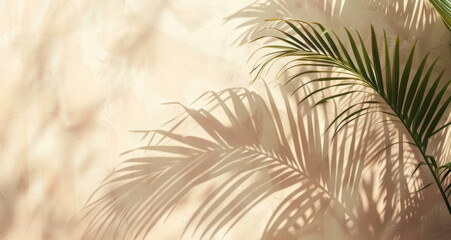 Tranquil Palm Tree Shadows on Light Beige Wall - Soft Focus Background for Peaceful Vibes