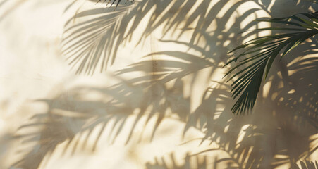 Fototapeta premium Serene Palm Tree Shadows on Light Beige Wall with Soft Focus Background