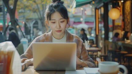 An Asian woman is at a bustling city cafe multitasking with a laptop coffee cup and notebook