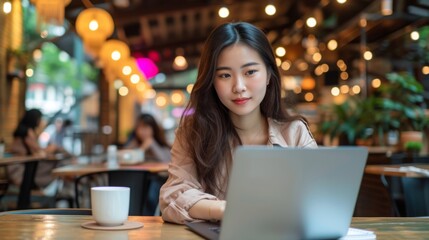 An Asian woman is at a bustling city cafe multitasking with a laptop coffee cup and notebook