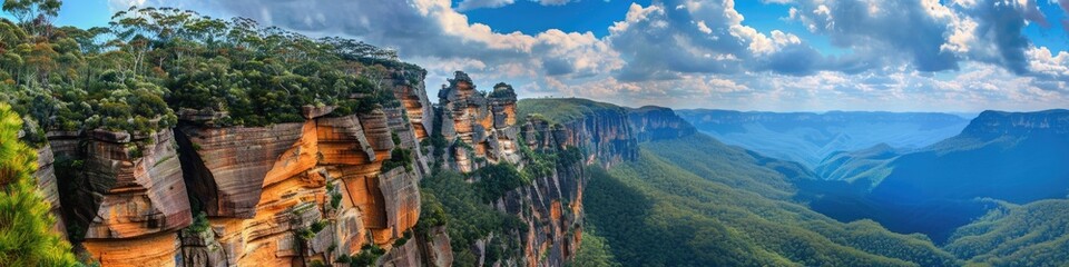 Fototapeta premium Australia Blue Mountains Panorama. Majestic Cliff Formations in Dramatic Blue Environment