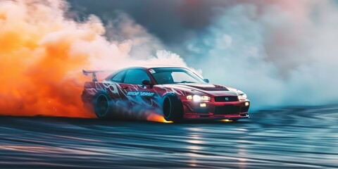Red Sports Car Drifting in a Cloud of Smoke