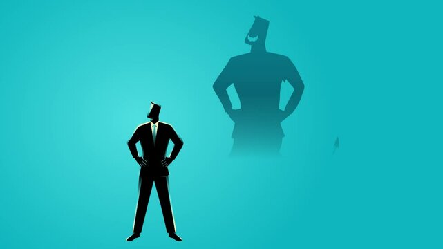 Motion graphic of a businessman with a devil shadow, symbolizing inner conflict, and moral challenges. For business ethics, psychological, temptation, duality, and personal struggle content