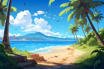 anime style illustrated island tropical style, tropical vibe island