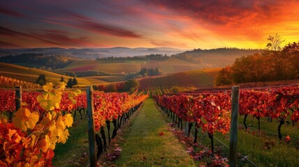 Fototapeta premium Fall Vineyard. Beautiful Autumn Sunset in the Countryside