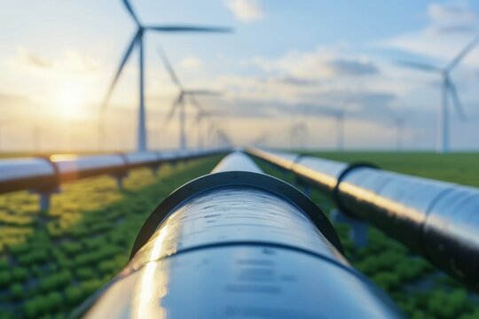 A long pipe with a black cap is shown in front of a field of wind turbines