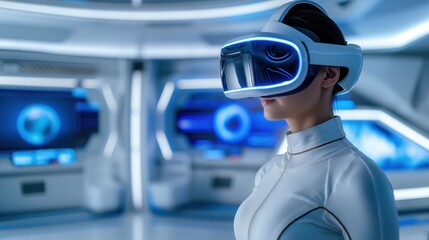Futuristic Woman in Virtual Reality Headset in High-Tech Laboratory