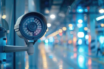 Security Camera Sign: Safety and Protection in Business Building. Color Image with Copy Space