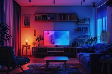 TV Night. Interior Living Room Mockup with Television Screen and Furniture