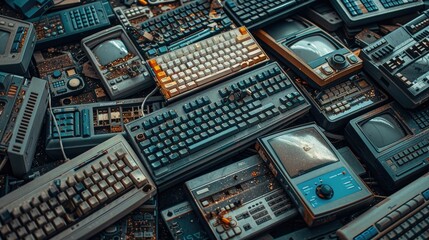 Detailed view of a pile of outdated electronic devices, including keyboards, mice, and printers, emphasizing the rapid obsolescence of technology and its environmental consequences