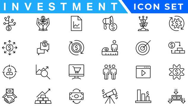 Investment icon set. Containing investor, mutual fund, asset, risk management, economy, financial gain, interest and stock icons. Solid icon collection.