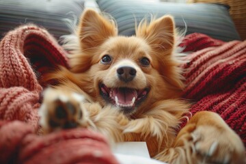 Happy Dog Smiles Under A Cozy Blanket On A Couch