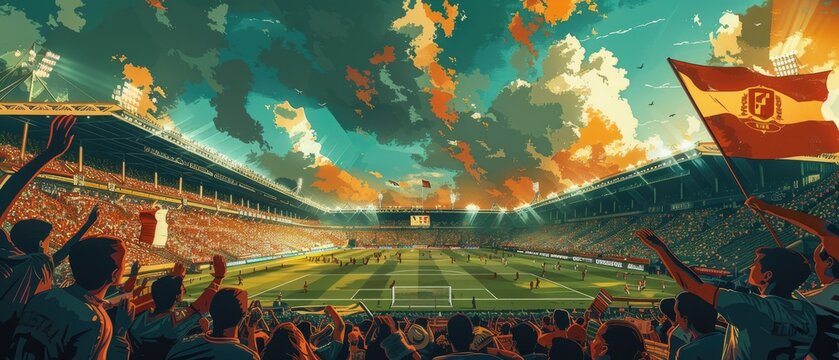 Vibrant stadium filled with cheering fans during a soccer match at sunset, capturing the thrilling and energetic atmosphere of the event. Retro artistic style.
