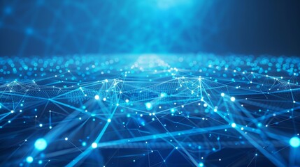 A network of glowing blue polygons and lines converge at a central point on a gradient blue background. The image conveys a sense of data transmission, technological innovation, and digital