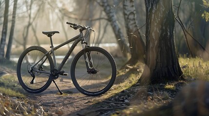 Fototapeta premium A contemporary black mountain bike leaning beside a tree very detailed and realistic shape