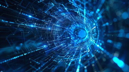 Obraz premium Glowing blue polygons and lines create a sense of depth and movement, converging towards a central vanishing point. The abstract image represents data flow, technological interconnectedness, and a